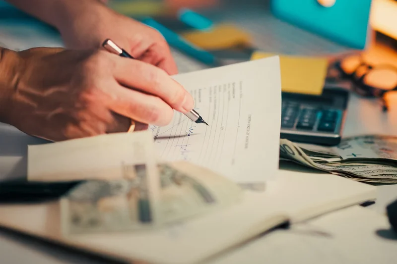 Professional reviewing and signing financial documents at desk
